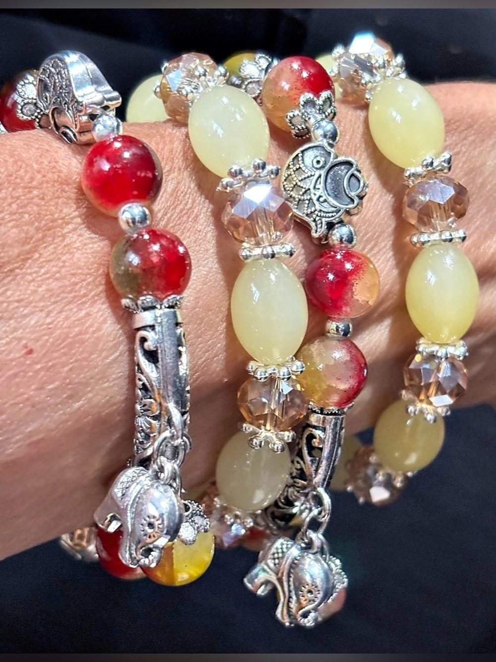 GORGEOUS CARIBBEAN RED LIGHT YELLOW GLASS BEADED BRACELETS W/SILVER BAR & ELEPHA